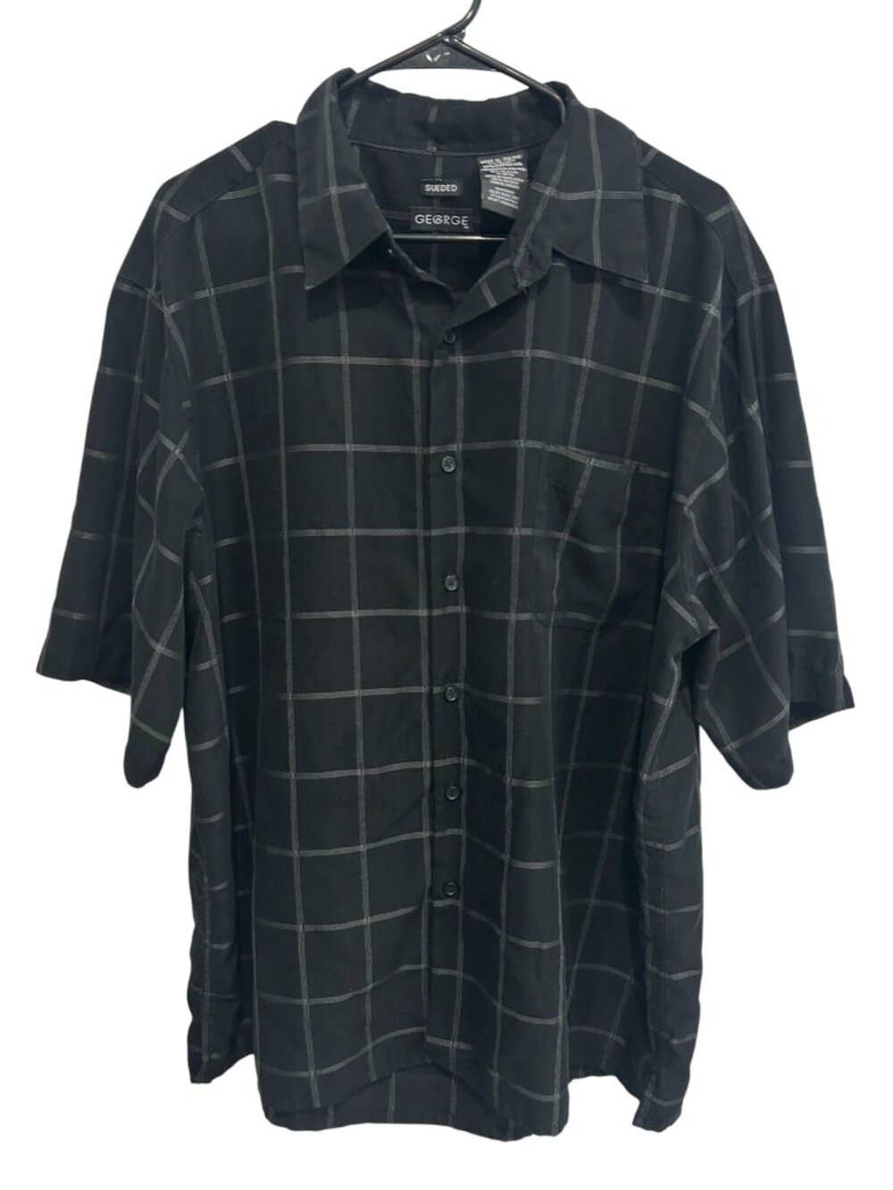 George XL Mens 46/48 Sueded Black Soot Plaid Button-Up Shirt Retro Vintage